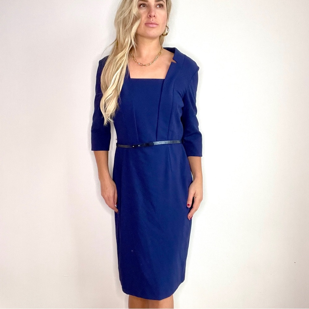 ANTONIO MELANI Royal Blue Square-Neck Midi Sheath Dress with Belt